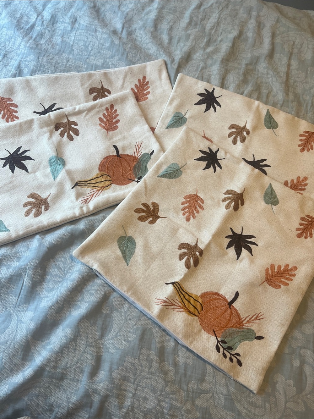 Autumn Harvest Pumpkin Embroidered Pillow Covers- Cream